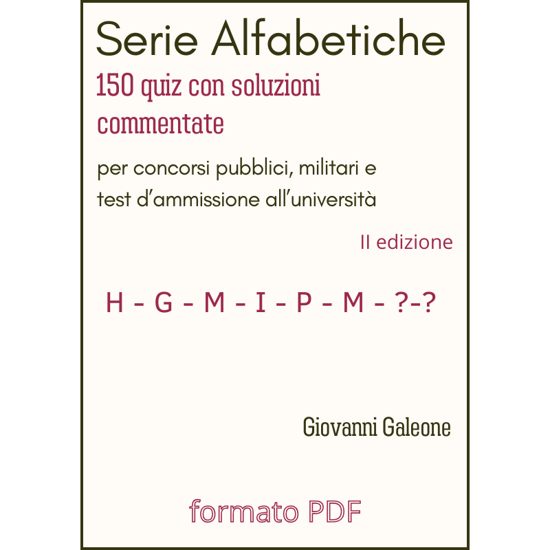 Copertina Serie Alfabetiche PDF - quiz di serie alfabetiche per concorsi pubblici, militari e test di ammissione all'Università.